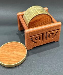 Bộ lót chén trà cao cấp gỗ hương dáng tròn viền đồng kê ly đẹp LC41.