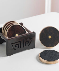 Bộ lót chén trà cao cấp gỗ gụ viền đồng vàng dáng tròn LC40