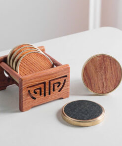 Bộ lót chén trà cao cấp gỗ hương dáng tròn viền đồng kê ly đẹp LC41