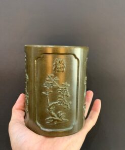 Ống đựng dụng cụ trà bằng đồng nguyên chất tứ quý 12x9cm mai lan cúc trúc.