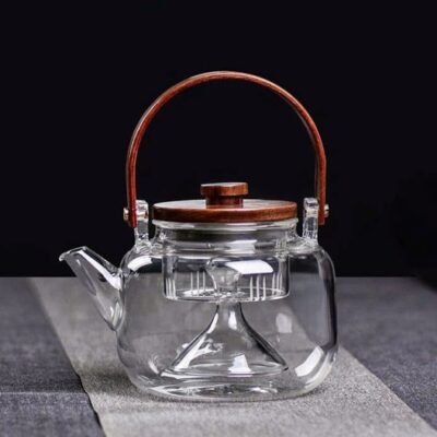 Ấm đun nước thủy tinh quai gỗ có lõi lọc để pha trà 800ml cao cấp ATT05
