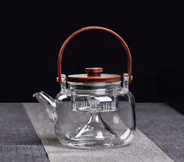 Ấm đun nước thủy tinh quai gỗ có lõi lọc để pha trà 800ml cao cấp ATT05