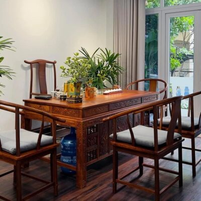 Bộ bàn ghế uống trà kiểu trung quốc gỗ hương lào 1m6 khay đá pha trà BT33