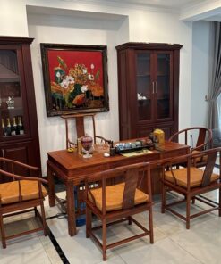 Bộ bàn ghế uống trà kiểu trung quốc gỗ hương lào làm trà thất nhà sếp tổng 1m8