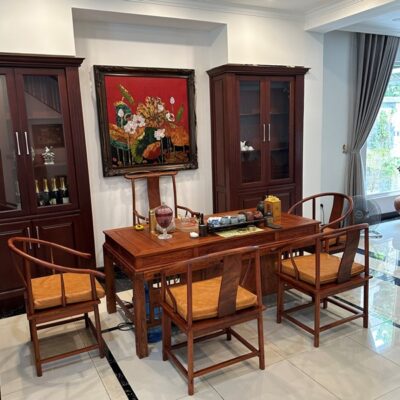 Bộ bàn ghế uống trà kiểu trung quốc gỗ hương lào làm trà thất nhà sếp tổng 1m8