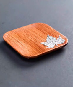 Lót ly trà gỗ hương vuông đính lá kê bạc chén trà đẹp 7x7cm LC30