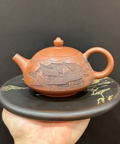 Ấm kiến thủy tử đào nê hưng nguyên khoáng dáng bán nguyệt khắc phố cổ đẹp pha trà.