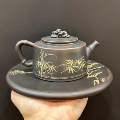 Ấm tử đào nê hưng nguyên khoáng dáng đức trung khắc trúc 250ml thủ công đẹp.