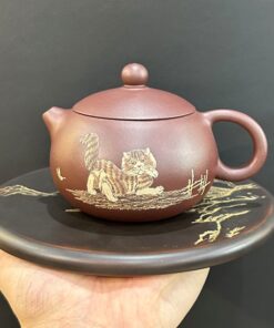 ấm trà tử sa nguyên khoáng đất cũ họa tiết mèo thủ công 230ml đẹp pha trà ngon.