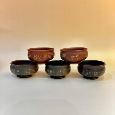 Chén trà tử sa nê hưng cao cấp hỏa biến 2 màu khắc bát nhã kinh 50ml CNH04