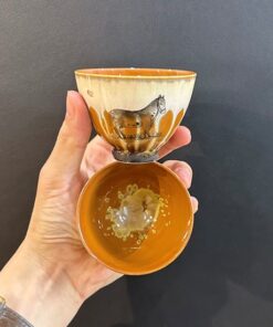 Ly trà sứ cảnh đức gốm thái hội hỏa biến thủ công vẽ ngựa đẹp 80ml CS33