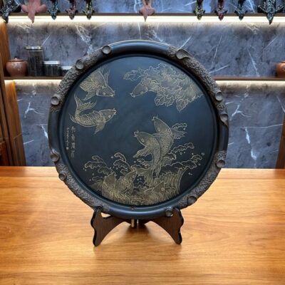 Khay trà cao cấp dáng tròn nê hưng hỏa biến cửu ngư đồ 43cm KNH20