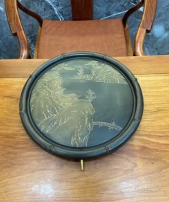 Khay trà tròn tử sa nê hưng hỏa biến khắc sơn thủy thủ công đẹp 43x3cm KNH01