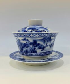 Chén khải cảnh đức cao cấp men lam vẽ tay sơn thủy thủ công 220ml AS26