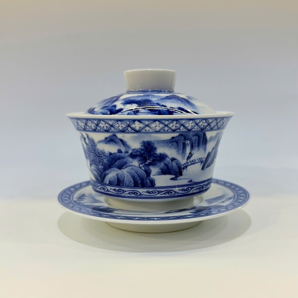 Chén khải cảnh đức cao cấp men lam vẽ tay sơn thủy thủ công 220ml AS26