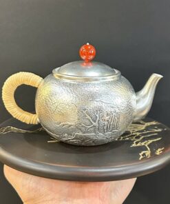 Ấm trà bạc nguyên chất 999 pha trà ngon gò tay thủ công đẹp 216g AB92