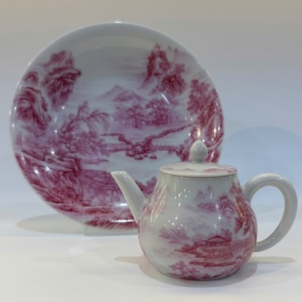 Ấm sứ cảnh đức cao cấp vẽ tay sơn thủy đẹp thủ công dáng thủy bình 190ml AS69