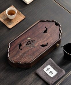 Khay đựng ấm chén bằng gỗ gụ dạng hộp cỡ nhỏ hình sen cá đẹp 32x15cm KTG13.
