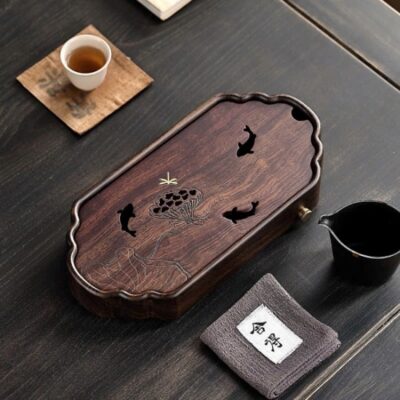 Khay đựng ấm chén bằng gỗ gụ dạng hộp cỡ nhỏ hình sen cá đẹp 32x15cm KTG13.