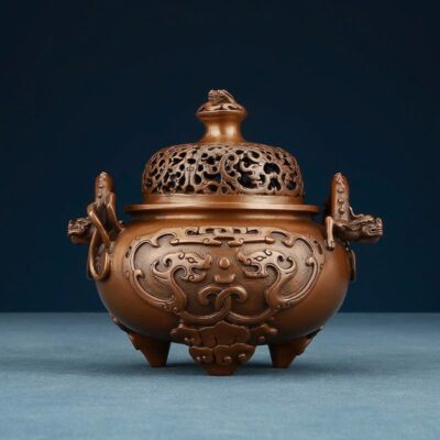 Lư đồng đốt trầm hương nguyên chất dáng đỉnh lưỡng long đẹp 1395g 13x12cm LD56.