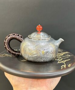 Ấm bạc pha trà nguyên chất 999 thủ công cao cấp sen cá nhỏ đẹp 180ml 174g AB94