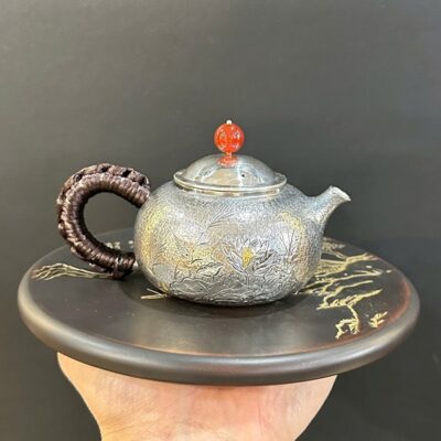 Ấm bạc pha trà nguyên chất 999 thủ công cao cấp sen cá nhỏ đẹp 180ml 174g AB94
