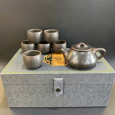Bộ ấm pha trà đẹp dáng thạch biều gốm nê hưng hỏa biến 6 chén kèm hộp sang trọng