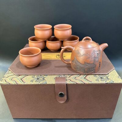 Bộ ấm trà đẹp cao cấp gốm nê hưng pha trà ngon dáng tần quyền khắc phố AT56