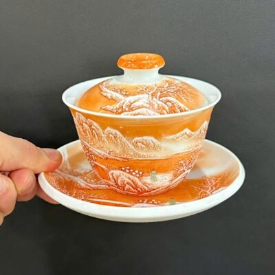 Chén khải cao cấp sứ phấn thái cảnh đức vẽ tay sơn thủy dạng tiềm pha trà 160ml AS71
