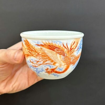 Chén sứ cảnh đức vẽ tay phấn thái cao cấp phượng hoàng 5 đuôi cực đẹp 120ml CS98