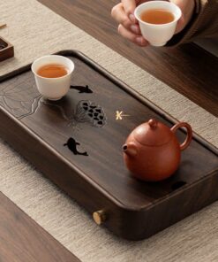 Khay đựng ấm chén bằng gỗ gụ dạng hộp chữ nhật nhỏ hình sen cá 32x15cm KTG14.