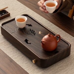 Khay đựng ấm chén bằng gỗ gụ dạng hộp chữ nhật nhỏ hình sen cá 32x15cm KTG14.