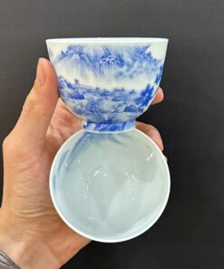 Chén sứ cảnh đức vẽ tay sơn thủy dáng cao mỏng thấu quang đẹp 100ml CS89