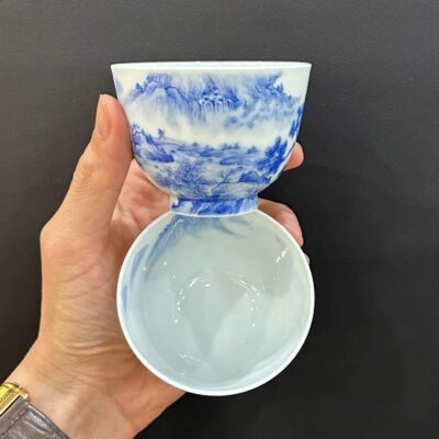Chén sứ cảnh đức vẽ tay sơn thủy dáng cao mỏng thấu quang đẹp 100ml CS89