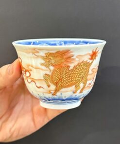 Chén sứ vẽ tay cao cấp phấn thái cảnh đức hình kỳ lân làm ly trà chủ đẹp 130ml CS53