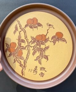 Khay trà tử sa đất cũ nguyên khoáng để ấm chén dáng tròn hình cây đào 29.5cm KTS02