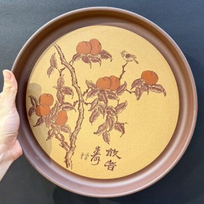 Khay trà tử sa đất cũ nguyên khoáng để ấm chén dáng tròn hình cây đào 29.5cm KTS02