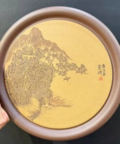 Khay trà tử sa nguyên khoáng đất cũ dạng đĩa tròn khắc sơn thủy đẹp 26x1cm KTS01