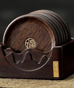 Bộ lót ly trà gỗ gụ dáng tròn chữ phúc dùng kê chén trà đẹp LC10.