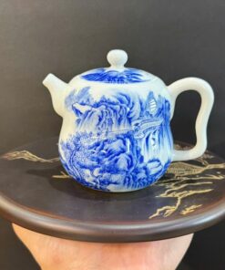 Ấm sứ cảnh đức vẽ tay sơn thủy men thanh hoa dáng hồ lô 200ml AS43