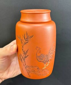 Hũ đựng trà tử sa nguyên khoáng chu nê khắc gà đẹp 5x8x13.5cm dáng cao bảo quản trà tốt