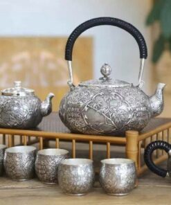Bộ ấm pha trà bạc nguyên chất 99,9 gò thủ công Tứ Quý mai lan cúc trúc đẹp pha trà ngon.