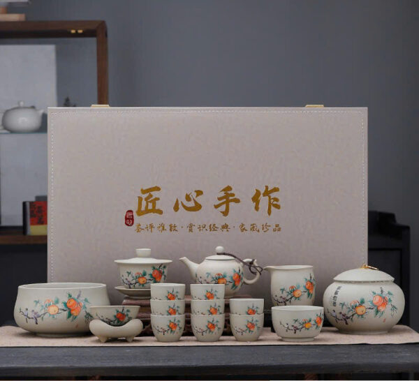 Bộ Ấm Trà Gốm Nung Hình Đào Pháp Lam 9 Chén ATB12