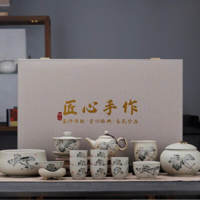 Bộ Ấm Trà Gốm Nung Hình Sen Pháp Lam 9 Chén ATB11