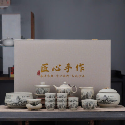 Bộ Ấm Trà Gốm Nung Pháp Lam Hình Sơn Thuỷ Đầy Đủ ATB13