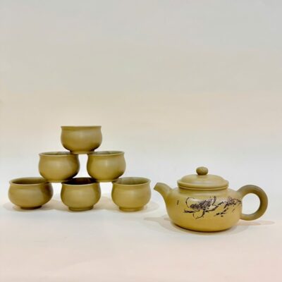 Bộ ấm chén tử sa nê hưng tây thi khắc sen cao cấp 230ml vàng BAT205