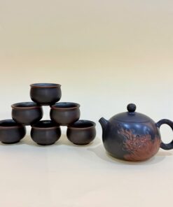 Bộ ấm chén hỏa biến đen tử sa nê hưng tây thi khắc hoa mẫu đơn 240ml BAT257