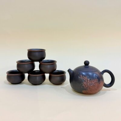 Bộ ấm chén hỏa biến đen tử sa nê hưng tây thi khắc hoa mẫu đơn 240ml BAT257