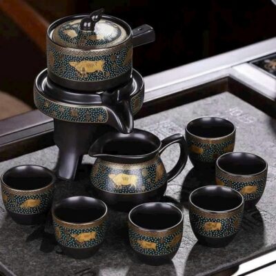Bộ Ấm Trà Cối Xay Sứ Cảnh Đức Lòng Đen AT01
