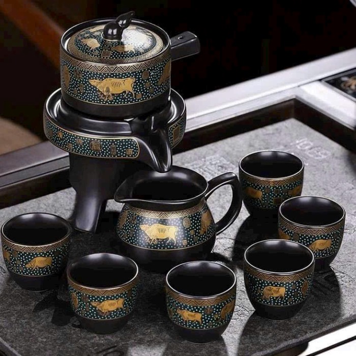 Bộ Ấm Trà Cối Xay Sứ Cảnh Đức Lòng Đen AT01